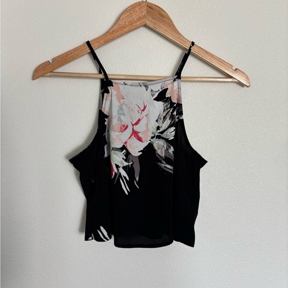Leith Black Floral Graphic Crop Spaghetti Strap Camisole Button Back Detail - Picture 1 of 5